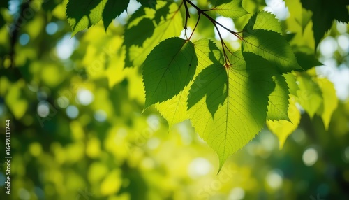Sunlight filtering through vibrant green leaves on a tree branch creates a beautiful natural background