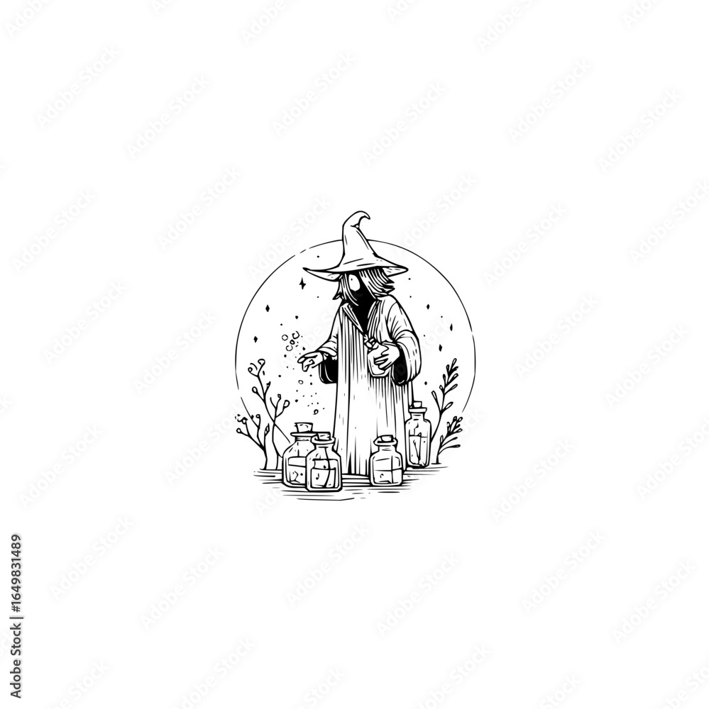 Fototapeta premium Illustration of a wizard in robes with potions and plants against a starry background design art