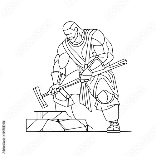 Line art illustration of a muscular man with a hammer breaking rocks in a stylized design