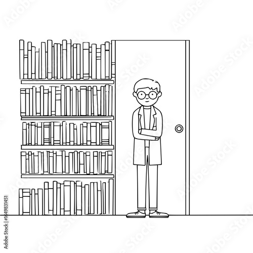 Illustration of a person standing by a bookshelf and a door in a black and white drawing style