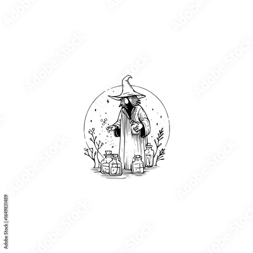 Illustration of a wizard in robes with potions and plants against a starry background design art