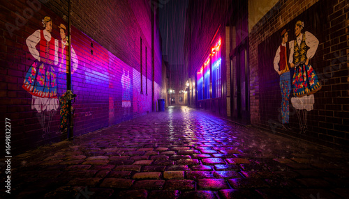 Rainy Night in a Cobblestone Alleyway: Vibrant Mural of Folk Dancers, Neon Lights, and Purple Ambiance.