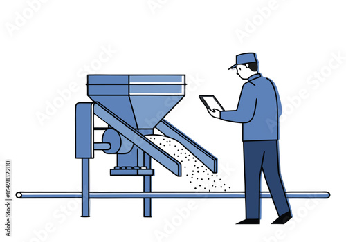 A worker inspects a feed system with a tablet, showcasing quality control in a manufacturing setting. Clean lines and a modern aesthetic. 
