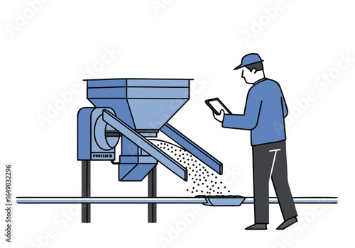 A worker inspects a feed system with a tablet, showcasing quality control in a manufacturing setting. Clean lines and a modern aesthetic. 
