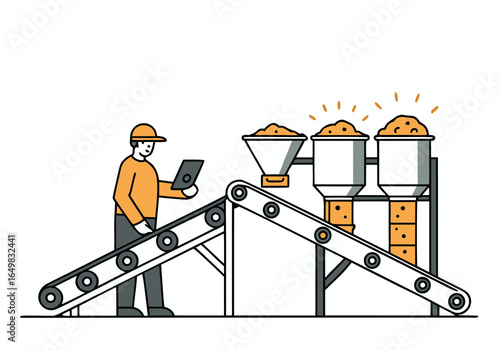 A worker monitors a conveyor belt system with two feed chutes, checking the flow of material. Clean, modern illustration style. 
