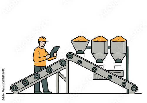 A worker monitors a conveyor belt system with two feed chutes, checking the flow of material. Clean, modern illustration style. 
