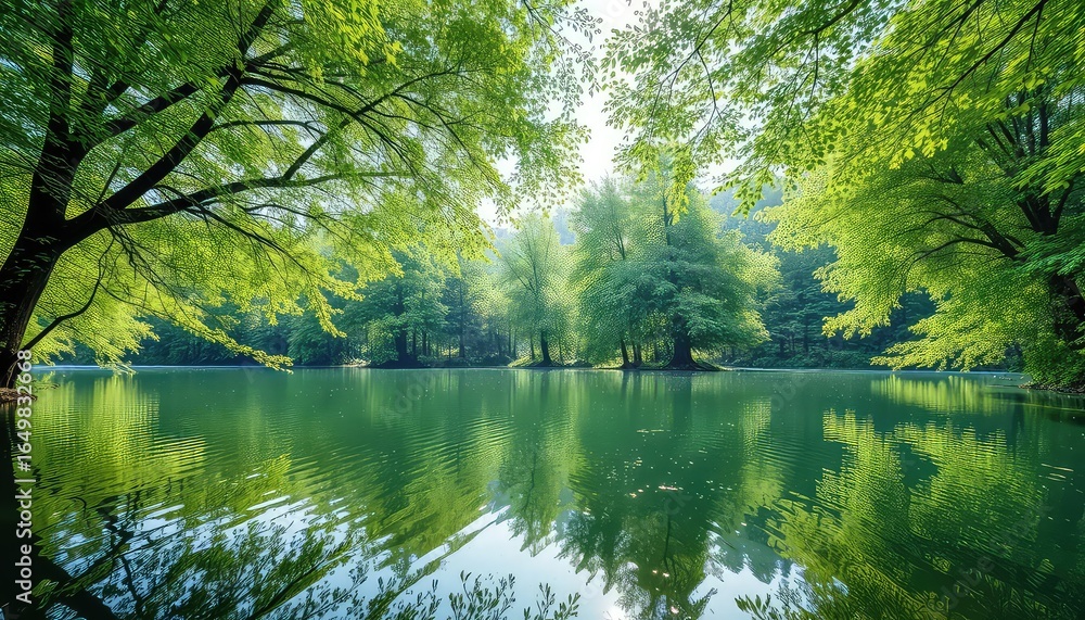 Fototapeta premium Verdant canopy frames serene lake waters with reflected trees, evoking peaceful natural beauty and tranquility under a bright, gentle sunlight