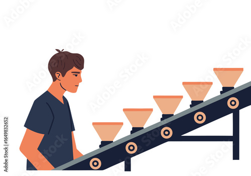A man oversees a conveyor belt feeding bowls. Clean, modern illustration with a focus on process and efficiency. Bright, pastel colors. 
