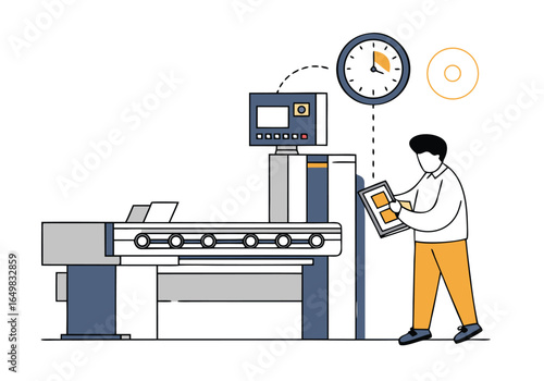 A technician troubleshoots a manufacturing machine with a timer display. Modern industrial setting, focused on efficiency and problem-solving. Clean, graphic style. 