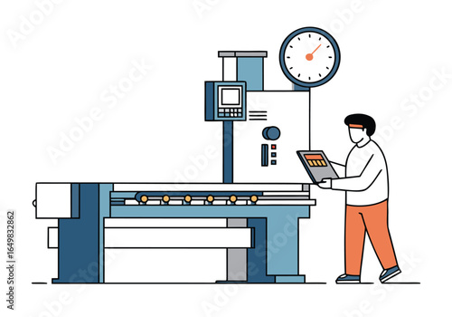 A technician troubleshoots a manufacturing machine with a timer display. Modern industrial setting, focused on efficiency and problem-solving. Clean, graphic style. 