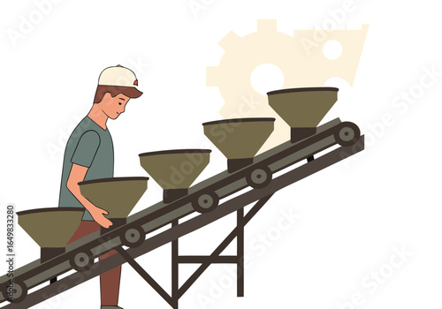 A man oversees a conveyor belt feeding into multiple containers. A clear, modern illustration depicting industrial process management. Focus on the action and organized workflow.