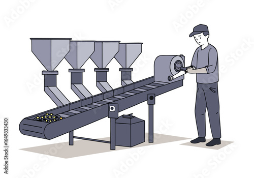 A worker monitors a test feed machine on a conveyor belt, ensuring quality control. Clean, industrial setting with multiple chutes. Professional, focused.