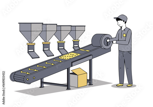 A worker monitors a test feed machine on a conveyor belt, ensuring quality control. Clean, industrial setting with multiple chutes. Professional, focused.