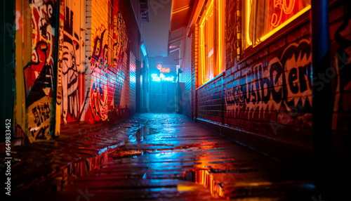 Moody Urban Alleyway at Night: Neon Lights, Graffiti, Wet Pavement, Cyberpunk Vibe