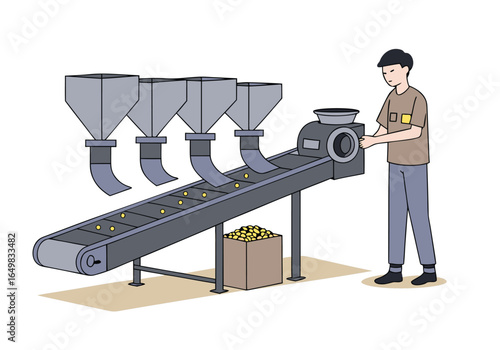 A worker monitors a test feed machine on a conveyor belt, ensuring quality control. Clean, industrial setting with multiple chutes. Professional, focused.