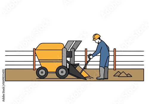 A worker operates a road paving machine, inspecting the work. Clean, graphic illustration style. Focus on construction and infrastructure. 
