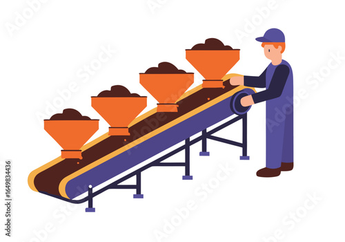 A worker inspects feed on a conveyor belt, ensuring quality. Clean, industrial setting with a focus on efficiency and process control. Modern illustration.