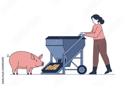 A woman feeds a pig with a feed dispenser. A clean, modern illustration depicts a farm setting. Simple, appealing design. 

