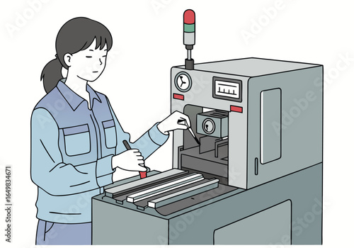 A female technician inspects a test timer machine, focused on quality control. Clean, modern illustration style. Clear composition, professional setting. See Less
