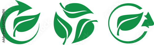 Green leaf and arrow icons for biodegradable recyclable organic bio labels package, recyclable and bio degradable package stamps, set recycle leaves label logo, leaf recycle, using recycled resources