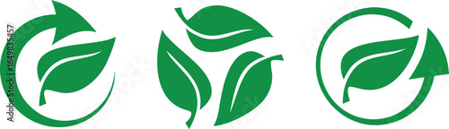 Green leaf and arrow icons for biodegradable recyclable organic bio labels package, recyclable and bio degradable package stamps, set recycle leaves label logo, leaf recycle, using recycled resources