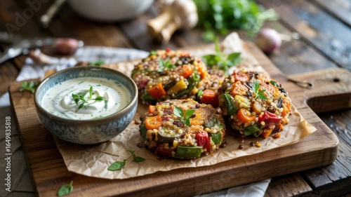 Quinoa aux légumes (carottes, courgettes et poivrons rouges) cuits sous forme de côtelettes cuites au four. Servi avec une sauce au yogourt.