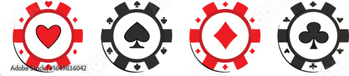 Poker chips icons vector set, gambling tokens with suits for poker, online casino gambling, spades hearts diamonds clubs, betting 
