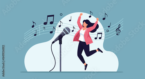 Happy Woman Singing and Dancing with Music Notes