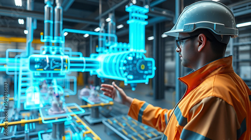 Digital twin technology concept, Engineer visualizing 3D real time simulation of industrial facility