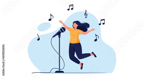 Happy Woman Singing and Dancing with Music Notes