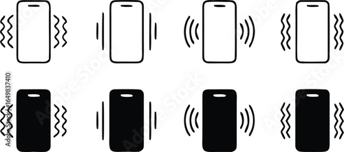 Phone vibration icon set, ringtone symbols, phone vibration signs in solid and line style 