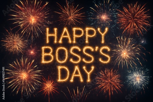 Happy Boss's Day Golden Typography Fireworks Celebration Background October 16th Holiday