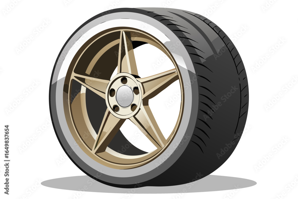 Obraz premium Realistic car tire with shiny alloy rim, isolated vector on white background, showcasing modern design and high-quality craftsmanship for automotive enthusiasts and professionals