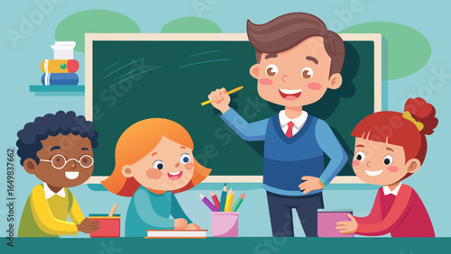 Cheerful teacher engaging with diverse students in a colorful classroom, writing on chalkboard while kids eagerly participate in learning activities and creative expression