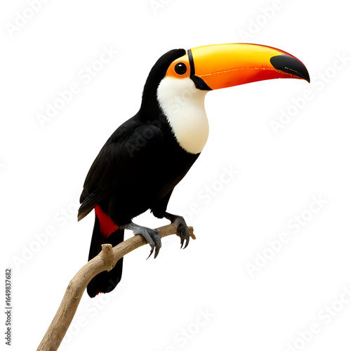a beautiful toucan on a wooden branch isolated on a transparent background