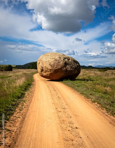 Huge rock blocking dirt road under partly cloudy sky
