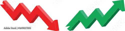 Green up and red down 3d arrow graph showing rising and descending trend, boosting of business result, decrease and growing investment profit symbol 
