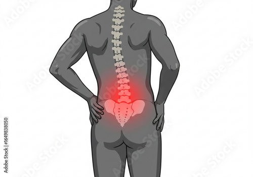 Illustration of a human back with spine and pelvis highlighted in red indicating pain or discomfort created with generated ai