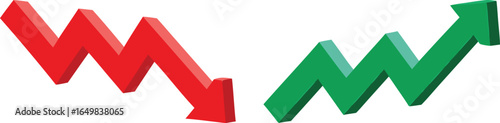 Green up and red down 3d arrow graph showing rising and descending trend, boosting of business result, decrease and growing investment profit symbol 