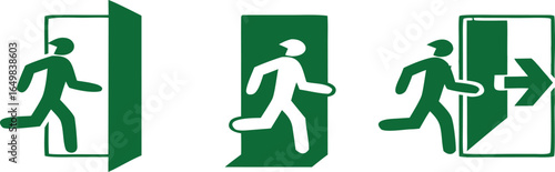 Green sign evacuation exit set icon, direction a safe area, fire exit, designations location emergency evacuation exit, quick and safe exit 

