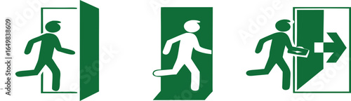 Green sign evacuation exit set icon, direction a safe area, fire exit, designations location emergency evacuation exit, quick and safe exit 
