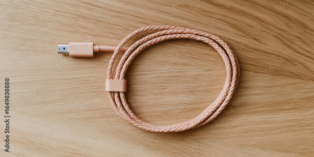 A braided cable with a USB connector is coiled neatly on a wooden surface. Connectivity and modern technology accessory
