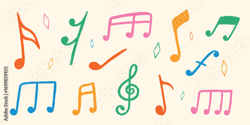 Musical Note set. Hand drawn crayon texture. Doodle music Icons. Сolor chalk elements, wax crayons shapes for school poster, disco, punk rock party. Flat isolated children vector illustration.