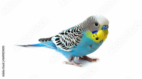 a vibrant blue and yellow parakeet, also known as a budgie or budgerigar, set against a clean white background