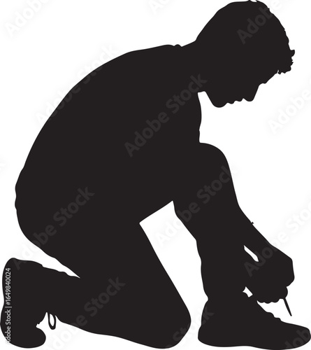 Silhouette of a person kneeling and tying shoelaces on a sneaker vector