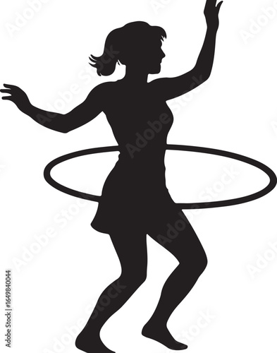 Silhouette of a woman hula hooping with one arm raised fitness