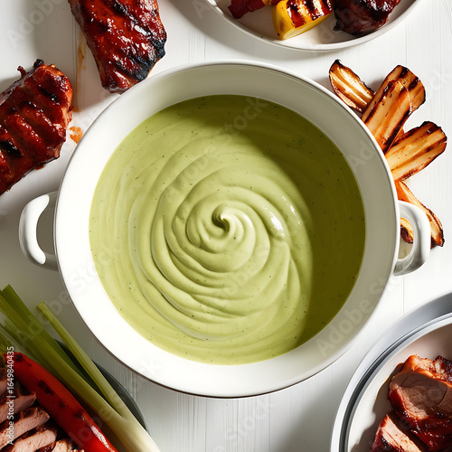  Green Mint Chutney in Bowl on Dining Table with Food.