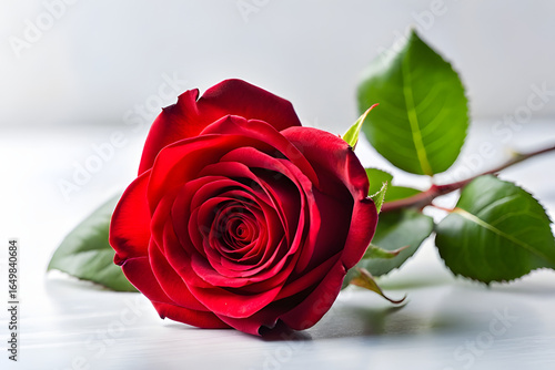 A single, perfect red rose with velvety petals and a spiraling center, lying on a white surface with green leaves and stem, symbolizing deep love and passion