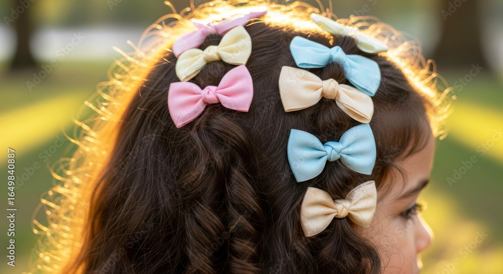 Naklejka premium Young girl wearing pastel hair bows in curly hair outdoors at golden hour