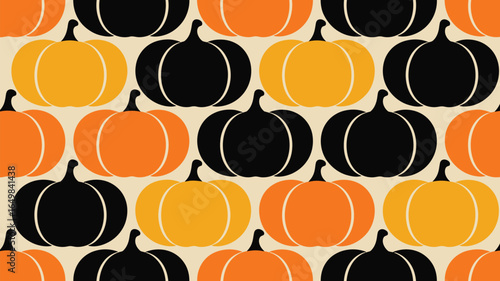 A repeating pattern of orange yellow and black pumpkins on a light beige background for halloween decor